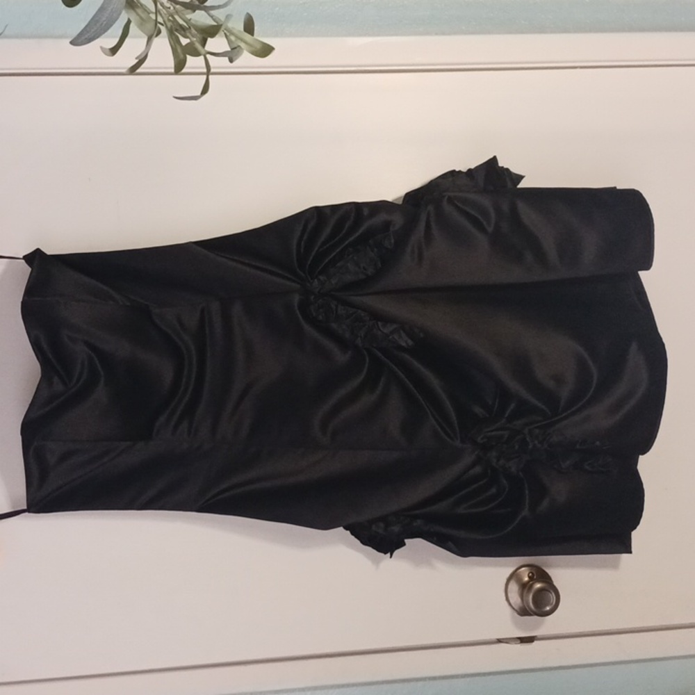 Vintage, Jessica McClintock Black Strapless Satin Dress Above the Knee With Bows